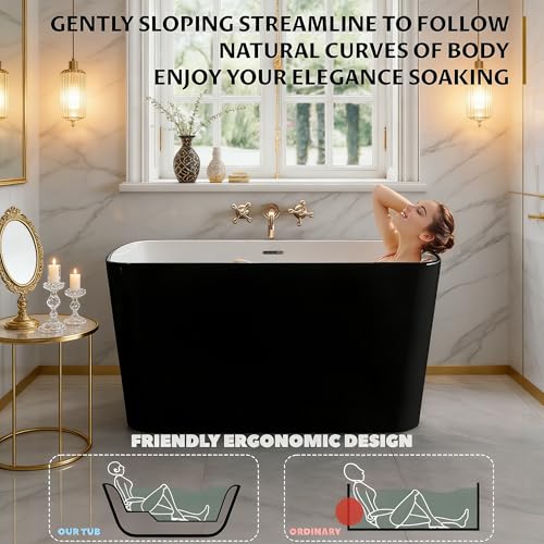 Image of GarveeHome 49'' Freestanding Bathtub, Acrylic. Deep Soaking Stand Alone Tub, Bath Easy to Install for Bathroom Renovation, Comfortable Small Space Tub with Chrome Overflow and Drain, White