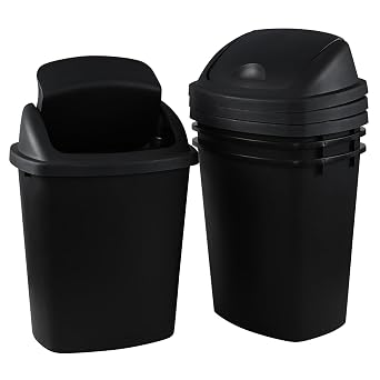 Teyyvn 6 Gallon Plastic Flip Lid Trash Can, Black Garbage Bin, Pack of 4 | plastic swing top trash bin, surface resistant to stains, suitable for kitchen, bedroom, apartment and office use