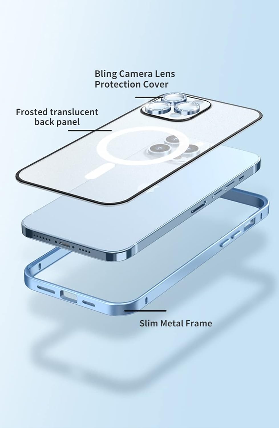 Magnetic Case for iPhone 13 Slim Metal Frame Cover with Magsafe and Glitter Camera Protection Frosted Transparent Back Cover - Black