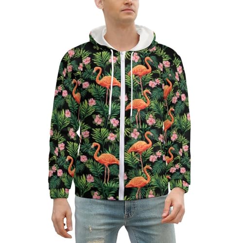 Flamingo Bird Tropical Men's Zip Up Hoodie Casual Drawstring Hooded Sweatshirt with Kanga Pocket2