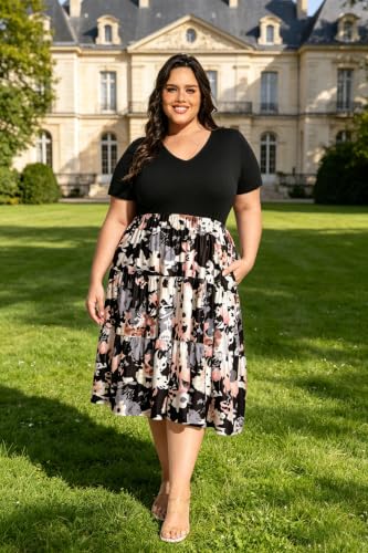 Image of CARCOS Plus Size Dresses for Women Summer Short Sleeve V Neck Patchwork Dresseses XL-5XL