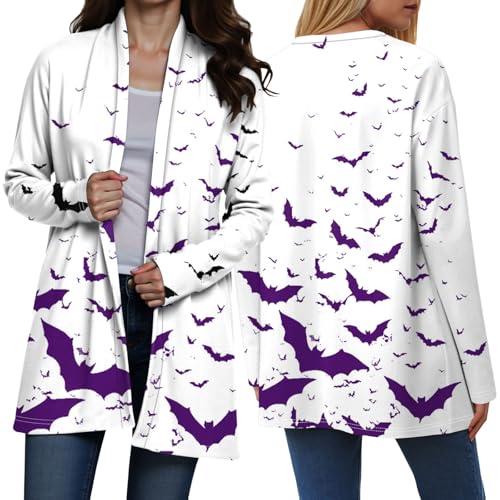 2025 Women's Fall Fashion Bat Print Open Front Long Cardigan Casual Furry Knit Long Sleeve Sweaters 2025 Winter Coats