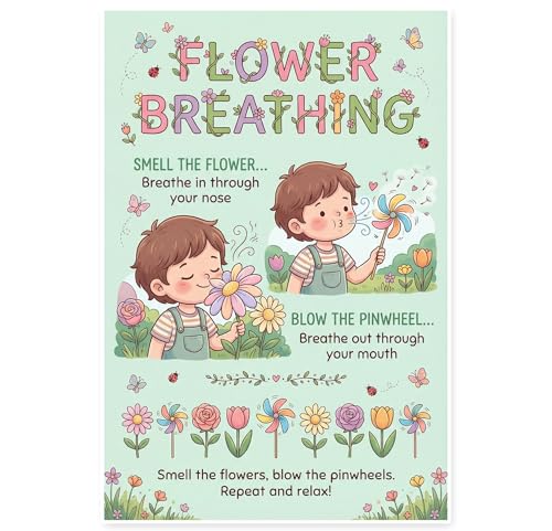 JELLY BEAN GENIUS Smell the Flower Blow the Pinwheel Breathing Poster for Kids – Deep Breathing & Emotional Awareness Visual for Classroom & Home Calm Down Corners