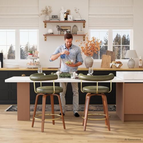 Image of Swivel Bar Stools Set of 2, 26 inch Counter Height Bar Chair, Barstools (Green) | TYBOATLE, Mid-Century Modern, Faux Leather, Bent Wooden Legs, Golden Footrests, Island, Kitchen