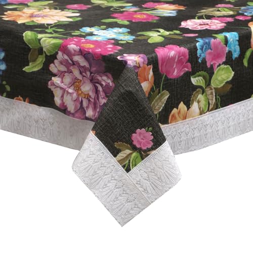 Image of Dakshya Industries PVC Waterproof Square Table Cover 48x48 Inch for 4 Seater Dining Table | Floral Printed Oilproof Stain Resistant Washable Plastic Table Cover, Black Flower