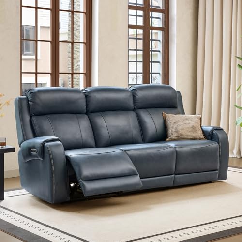 Image of CHITA Genuine Leather Power Recliner Sofa, 3 Seater Reclining Sofa, Navy