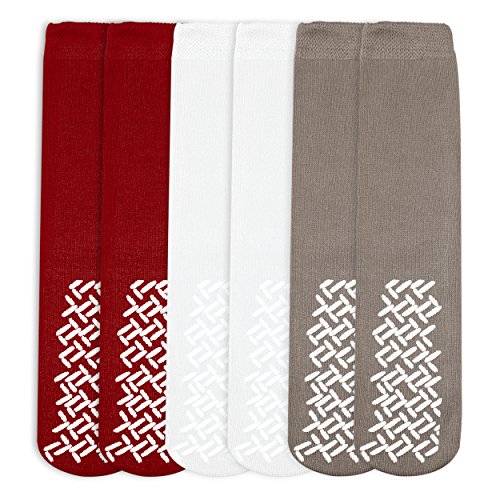 Nobles Assorted Non Skid Socks 6 Pairs Made in USA (2 Red 2 White 2 Tan)