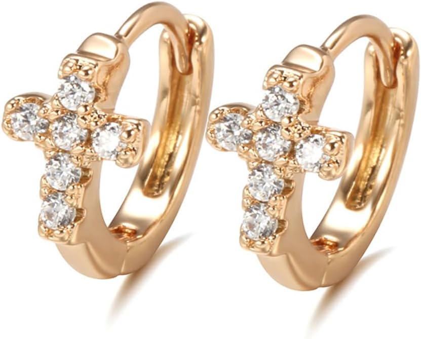 CZ Cross Rose Gold Plated Small Hoop Earrings for Women Cubic Zirconia Hypoallergenic Faith Huggie Hoops Cartilage Piercing Earring Birthday Christmas Jewelry 9mm Inner