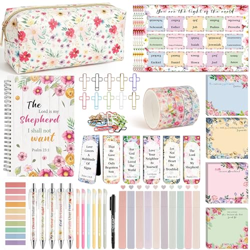 THAWAY 57PCS Bible Study Supplies Kit for Women, Floral Bible Journaling Kit with Highlighters and Pens No Bleed, Notebook, Pencil Case, Sticky Notes, Washi Tape, Christian Gifts for Bible Study