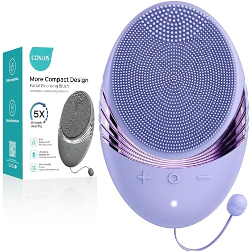 COSLUS FBS01 Face Scrubber Facial Cleansing Brush: 5 Modes Rechargeable & IPX7 Waterproof for Sensitive Skin Deep Cleaning Removing Blackhead Exfoliating Massaging & Business Travel (Purple)