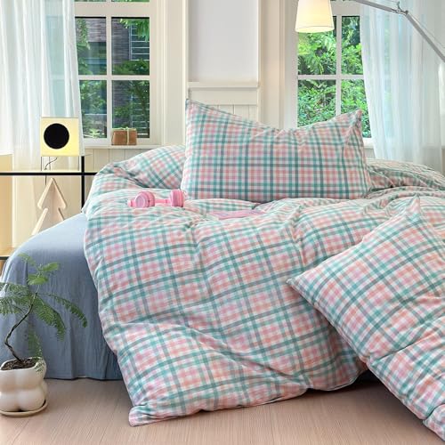 Image of LifeTB Queen Comforter Set Multi-Colored Gingham Comforter Modern Style Checkered Pattern Comforter Set Colorful Grid Plaid Bedding Comforter Fluffy Soft Lightweight Grid Bedding Set Breathable