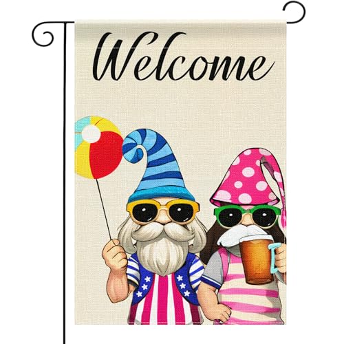 Welcome Garden Flag – Patriotic Gnomes Design – Decorative Yard Banner for Outdoor & Garden Décor