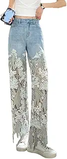 [KUIKAI] デニムパンツ レース切り替え ロングパンツ ジーンズ 花刺繍 ストレッチ レディース ワイドパンツ ファッション ハイウエスト カジュアル
