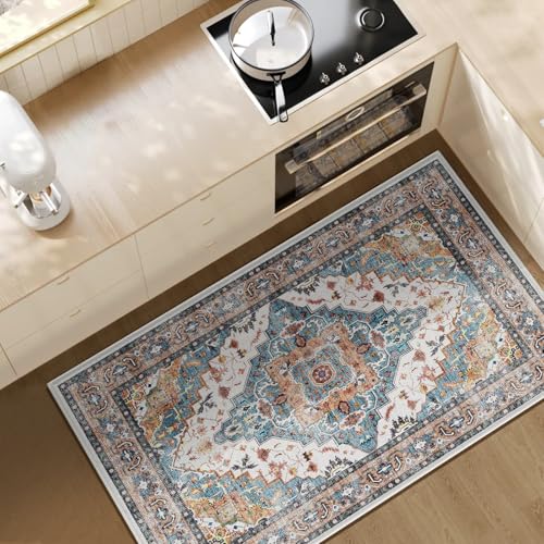 Tapete lavado para entrada 2x3 con diseño boho azul y marrón miniatura 3