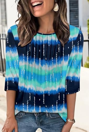 KISSMODA Tunic Tops for Women Loose Fit Dressy Round Neck Pleated 3/4 Length Sleeve Spring Tops