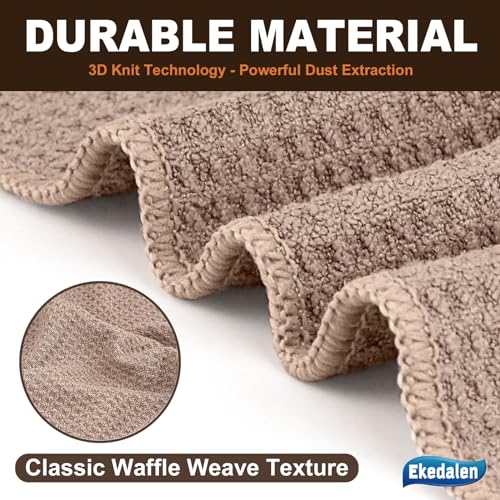 Ekedalen Microfiber Cleaning Cloth Waffle Weave for Dusting Absorbent Towel Quick Drying Dust Rags Household Kitchen, Lint Free Streak Free, 6 Pack,12 x 12 Inches, Khaki
