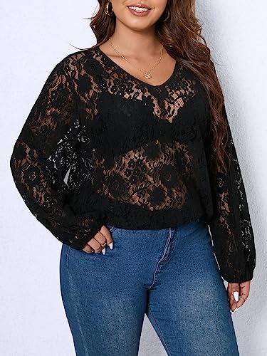 Floerns Women's Plus Size V Neck Long Sleeve Floral Lace See Through Blouse Tops3