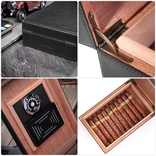 Cigar Humidor, MEGACRA Leather Surface Cedar Wood Lined Humidor with Hygrometer and Humidifier, Hold 10-20 Cigars