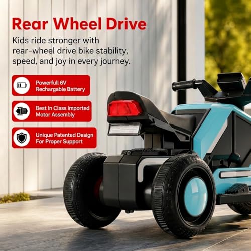 Image of StarAndDaisy Electric Ride-On Bike for Kids, Toddlers & Baby - 3 Wheel Rechargeable 6V Motorcycle with LED Lights, Bluetooth, USB, Foot Acceleration and Comfortable Seat (Blue)