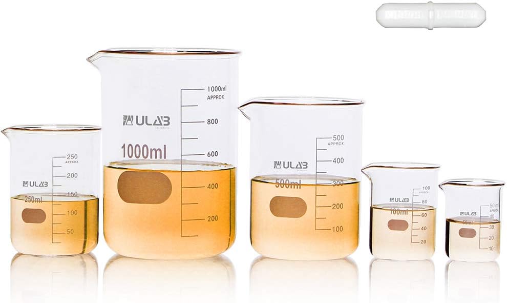 Scientific Glass Beaker Set with Magnetic Stir Bar Offered, 5 Sizes 50ml 100ml 250ml 500ml 1000ml, 3.3 Boro Griffin Low Form with Printed Graduation, UBG1002