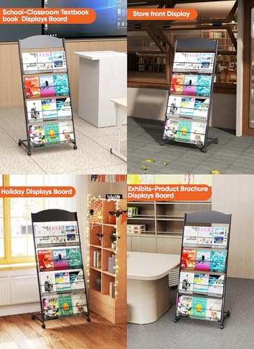 Baoz Magazine Rack Floor-Standing 4-Layer, Brochure Display Stand, Detachable Magazine Display with Wheels, High-hardness Metal Magazine Holder for Exhibitions, Office, Shopping Malls