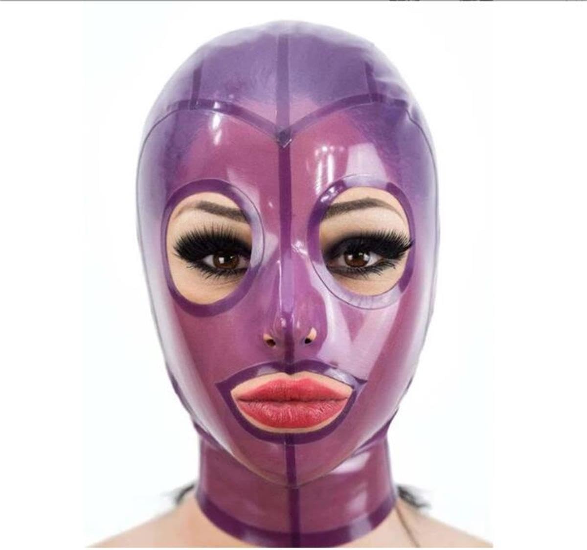 Latex Head Cover Transparent Purple Latex Head Face Hood Latex HeadMask for Cosplay Party Club Wear (M)
