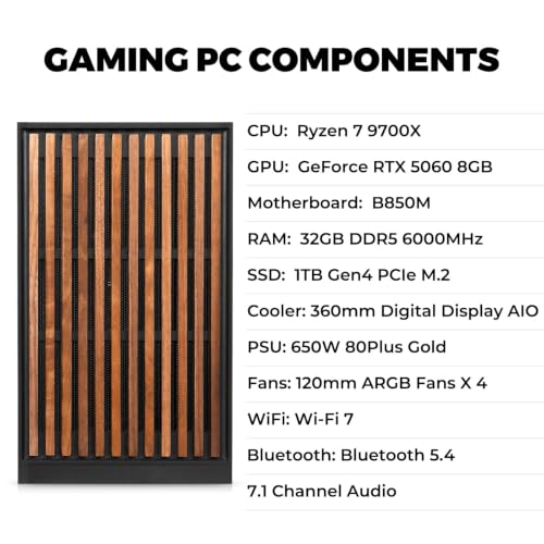 Image of KOTIN Prebuilt Gaming PC, Ryzen 7 9700X, 32GB DDR5, RTX 5060 8GB, 1TB SSD | 360mm Liquid Cooled Gaming Desktop, 11.3in Smart Display, 650W 80+ Gold PSU, WiFi 7, Assembled in USA, Windows 11 ARGB Tower