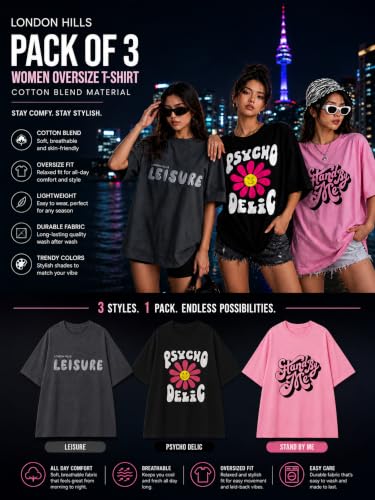 Image of London Hills Oversized Tshirt for Woman | t Shirt for Woman Oversized Fit Printed Round Neck | Tops for Woman's | Women t Shirt Loose Fit Drop Shoulder | t Shirts for Women | Western Tops