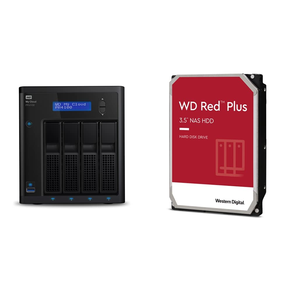 WD Diskless My Cloud Pro Series PR4100 Network Attached Storage - NAS - WDBNFA0000NBK-NESN & Western Digital 4TB WD Red Plus NAS Internal Hard Drive HDD - WD40EFZX