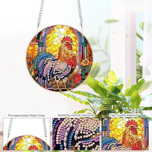 Image of AiYuanzsh DIY 5D Diamond Art Hanging Pendant, Rooster Acrylic Rhinestone Ornament for Wall Door Window Decor, Diamond Painting Animal Craft Gift for Home or Christmas Decoration