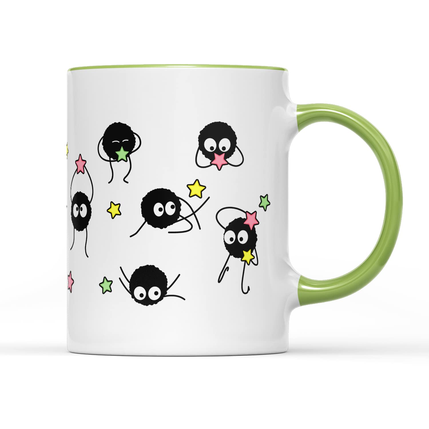 SmartyPants Soot Sprites Wrap Coffee Cup Mug Anime Manga Film Studio Susuwatari Neighbor Spirits Present Gift Heavy Duty Ceramic Handle Coated Dishwasher Microwave Safe (Light Green Handle Prime)