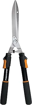 Fiskars Power-Lever Extendable Hedge Shears, Self-Sharpening Serrated Steel Blades for Clean Cuts, Handles Adjust 25"-33" for High Reach, Multiplies Leverage for 2x Power, 10" Blades, Orange/Black