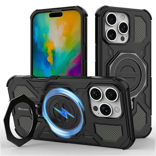 Image of KARWAN Tough Shockproof Armor Back Case Cover Compatible with iPhone 16 Pro Max with 360 Degree Rotation Magnetic Attraction Ring, Holder Heavy Duty Cover with MagEaze Wireless Charging (Black)