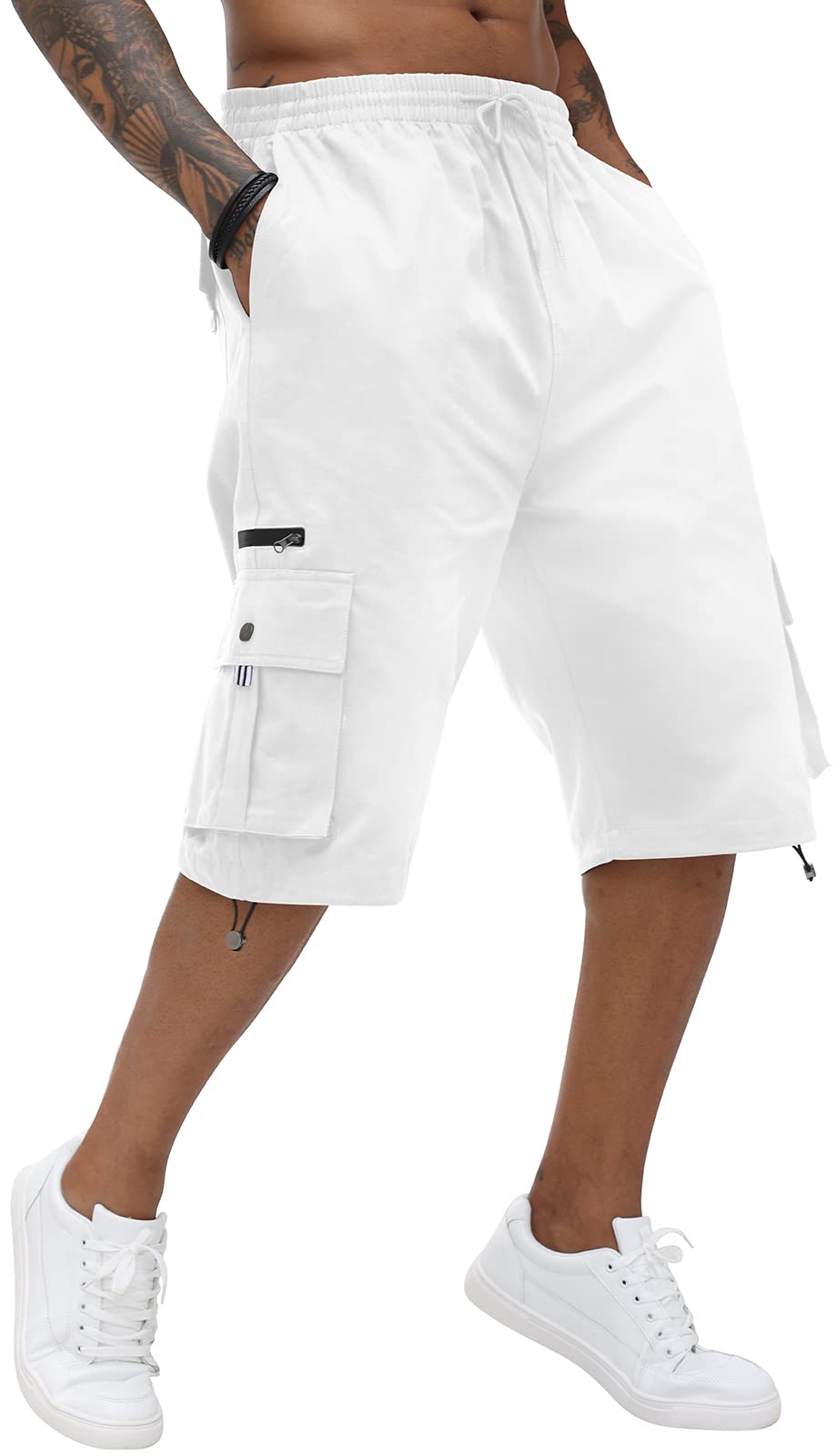 Cargo-Shorts für Herren, Baumwolle, elastischer Bund, Caprihose, knielang, mit mehreren Taschen