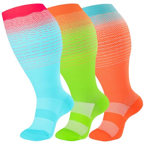 Image of bropite 3 /4 Pairs Plus Size Compression Socks Extra Wide Calf Women&Men 20-30mmHg Support Dancing Cycling Running Climbing
