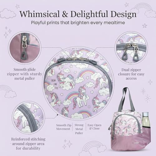Image of ORBY Lunch Bag Unicorn Lavender | Water-Repellent Durable Fabric | Tiffin Bag with Bottle Holder & Front Pocket | Strong Zipper & Spacious Meal Storage (Unicorn Pattern, Lavender)