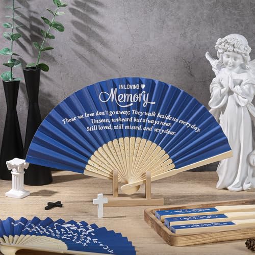 Image of Threehoney 50 Pack Funeral Favors for Guests in Loving Memory Handheld Fans Paper Folding Hand Fan Bulk Funeral Gifts for Services Condolence Sympathy Accessories (Blue)
