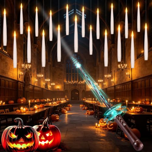 Image of Floating Candles with Wand for Halloween Decorations: Upgraded 20Pcs Magic LED Hanging Floating Candle Battery Operated Flameless Candles with Timer for Birthday Gifts Halloween Party Indoor Decor