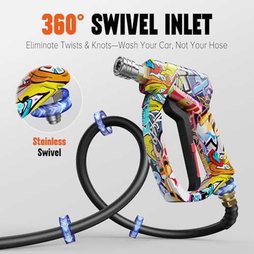 Image of Short Pressure Washer Gun with Swivel, Power Washer Gun | 4000PIS Pressure Washer Wand for Foam Cannon, 3 /8 inch & M22-14mm Connect, 1 /4 inch Quick Connect, Car Washer Gun 5 Spray Nozzle