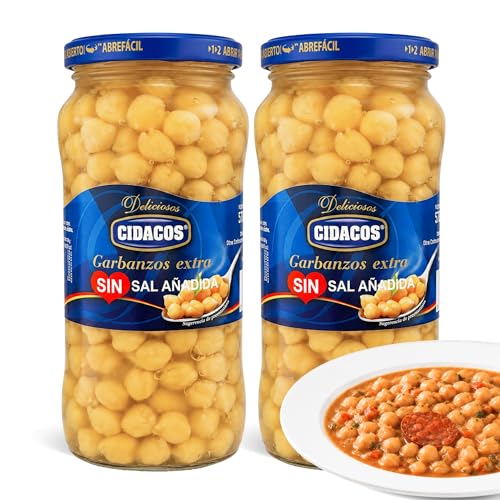 Garbanzos cocidos Extra sin sal, Ideal como guarnición, plato principal o en ensaladas, Conservar en lugar fresco y seco, Peso neto 570 g, Peso escurrido 400 gr, Formato tarro de cristal, 2 Unidades