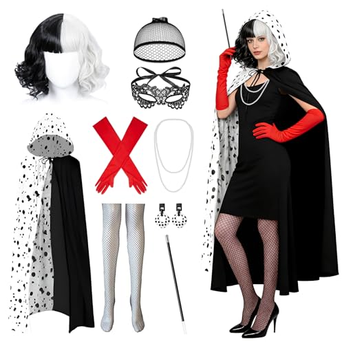 Kefyvbdj Disfraz Cruella Devil Mujer, Cruella Devil Disfraz con Capa, Peluca Blanco y Negro, Guantes Rojos, Collar de Perlas y Máscara, Disfraz Carnaval Mujer para Carnaval, Halloween y Cosplay