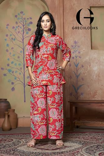 Greciilooks Women Rayon Blend Floral Ethnic Wear Formal Kurta Co-Ord Set (Gl-W1862&Tr913-Xl-Red Red)
