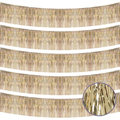 Image of 5 Pack 10 Feet Champagne Gold Fringe Garland Foil Fringe Garland Parade Float Fringe Metallic Streamers Tinsel Fringe Banner for Birthday Party Decor Halloween Christmas Decoration (Champagne Gold)