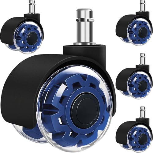 Image of Office Chair Wheels, 2 Inch Smooth & Quiet Rolling Casters Replacement, Computer Gaming Chair Casters for All Hardwood Floors & Carpet, Smooth Safe Rubber Wheels-Set of 5, Blue