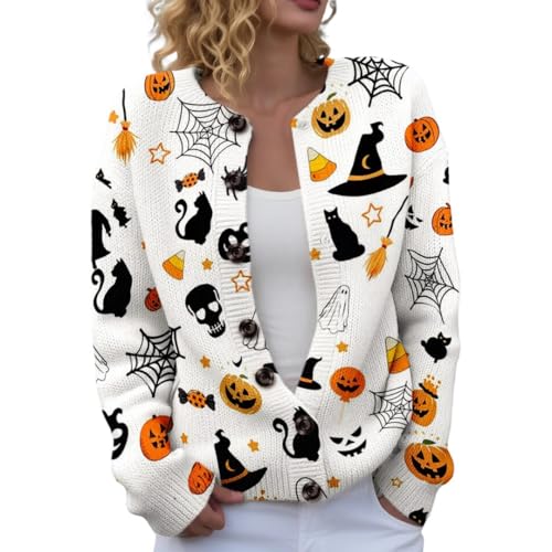 Halloween Cardigan for Women 2025 Plus Size Pumpkin Face Print Sweater Spooky Season Lightweight Long Sleeve Coats
