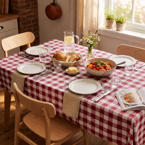 Image of Party Dimensions Red Gingham Disposable Plastic Tablecloths for Rectangle Tables, 54 inch x 108 inch, 12-Pack, Plastic Table Covers for Parties, Picnics, Events, Indoor & Outdoor Use