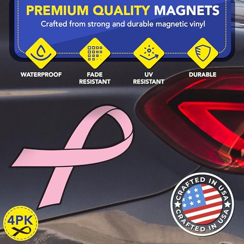 Image of Magnet Me Up Pink Ribbon Magnet 3.5 inchx7 inch Breast Cancer Awareness - 4 Pack, UV Printed Vinyl, Waterproof Car Magnetic Decal, Strong Hold, Ribbon Magnet for Car, Fridge, Crafted in USA