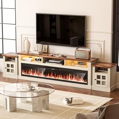 AHB 70" Fireplace TV Stand for TVs Up to 80" with 64" Electric Fireplace and 2 End Tables, Entertainment Center Led Light TV Consoles for Living Room, Farmhouse Media Console Table