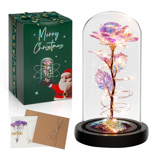 Childom Christmas Rose Gifts for Women,Birthday Gifts for Women Mom Christmas,Flowers for Delivery Prime,Colorful Light Up Rose in A Glass Dome,Anniversary Rose Gift for Her Grandma Valentines Day