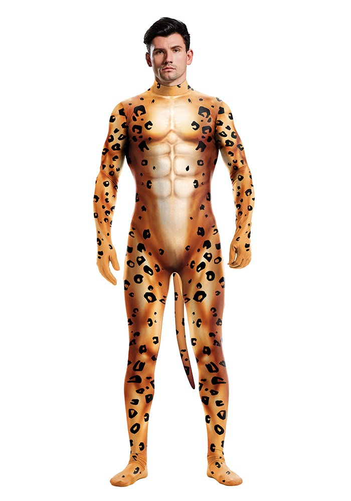Men's Animal Bodysuit Costume with Big Tail Print Petsuit Spandex Furry Jumpsuit Cosplay Halloween Party